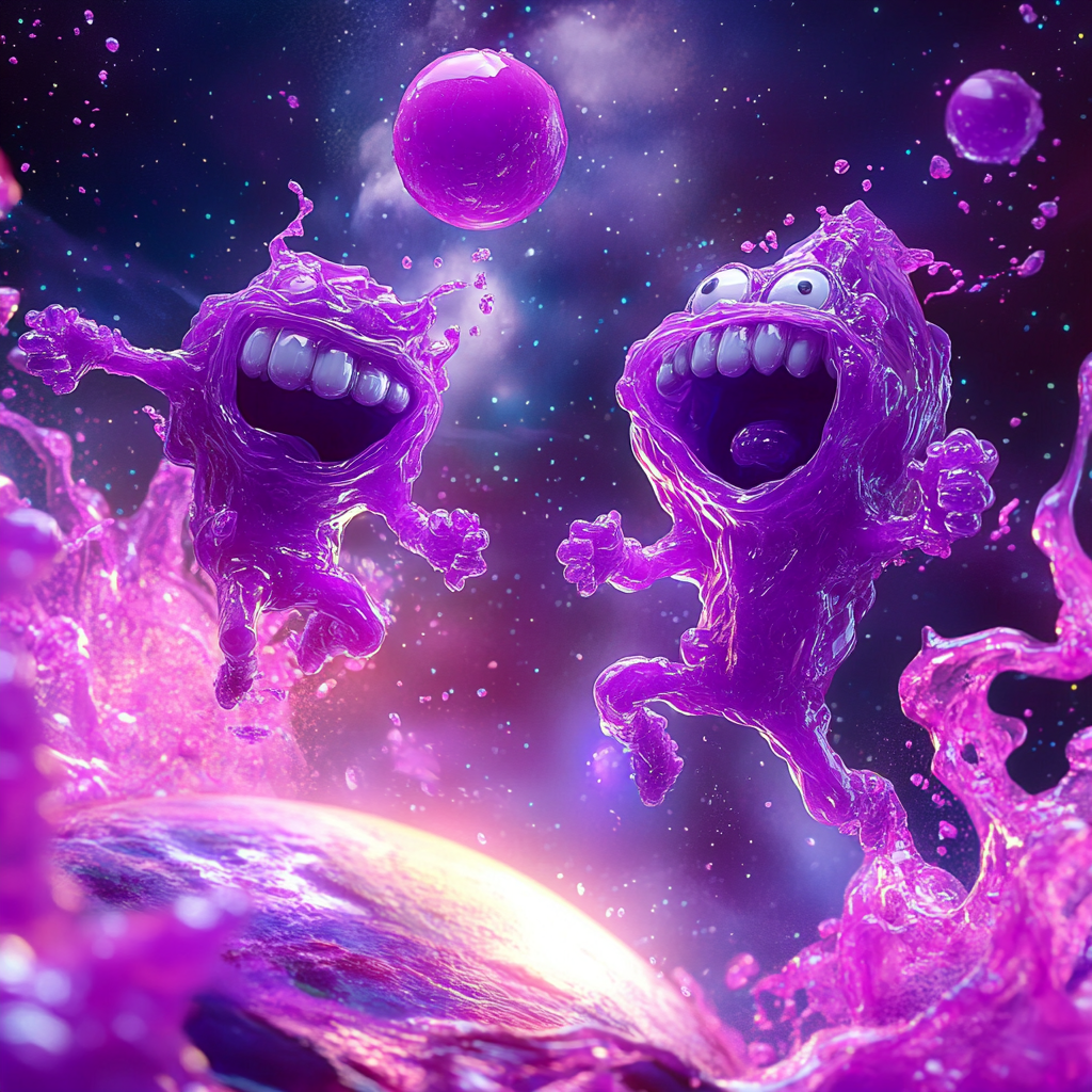 Two cartoon characters throw purple juice in space