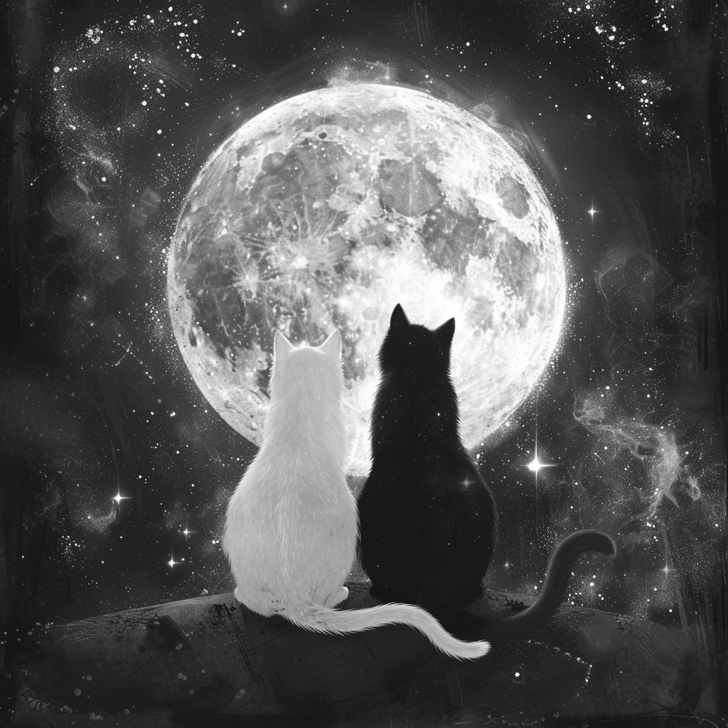 Two cats staring at heart-shaped moon in space.