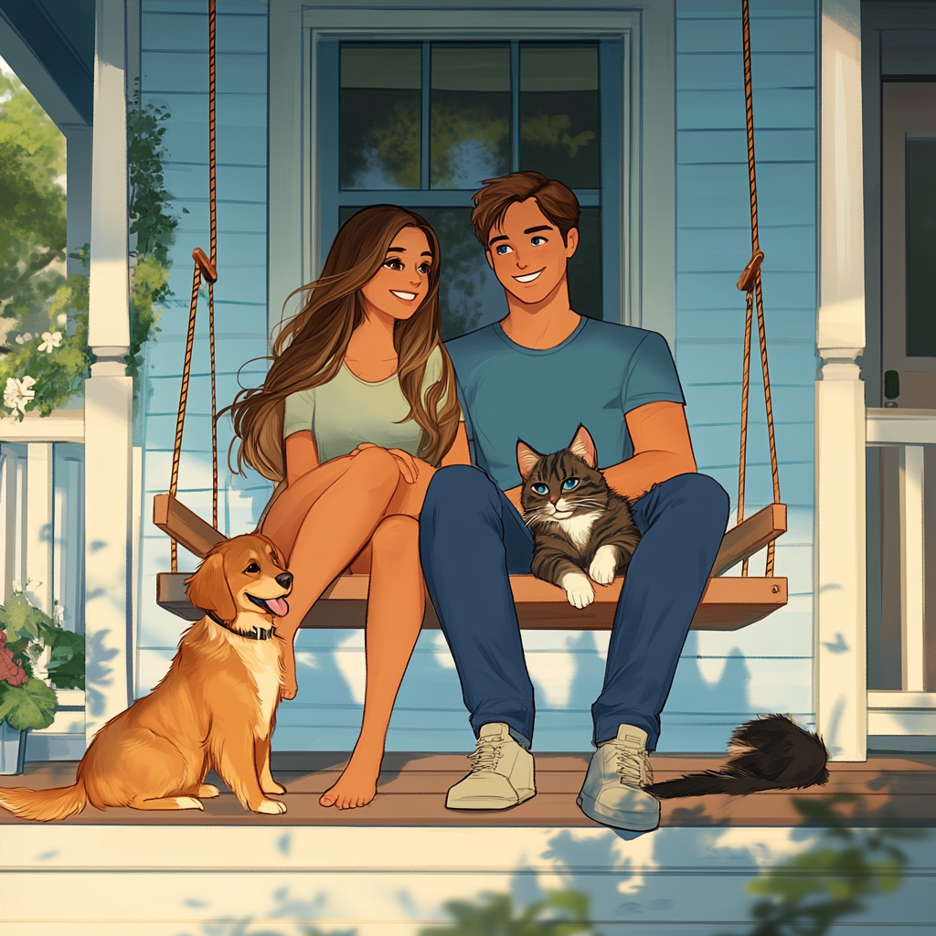 Two characters on porch swing with pets.