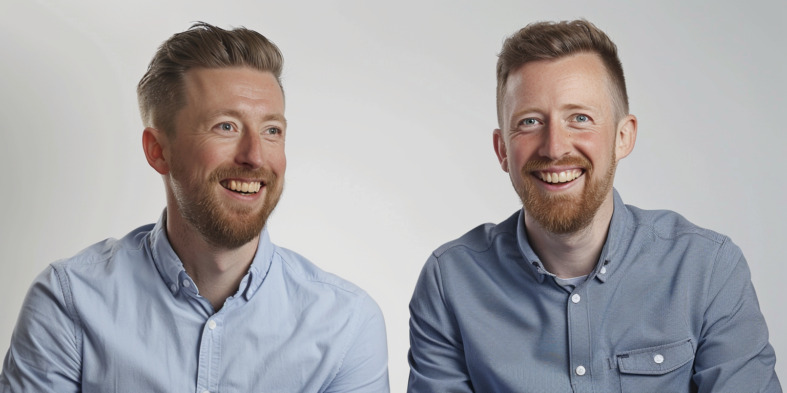 Two consultants discussing project, wearing blue and white shirts.