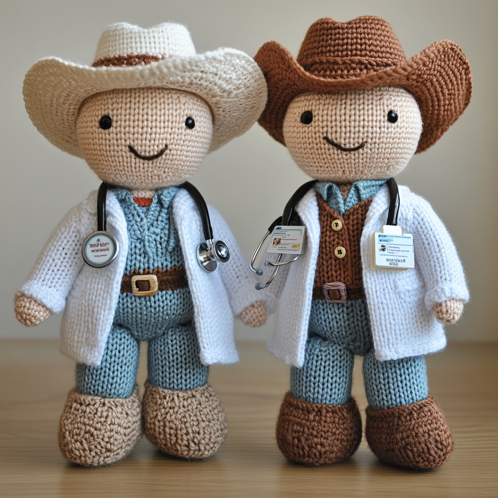 Two cowboy dolls in medical uniforms, posing professionally.