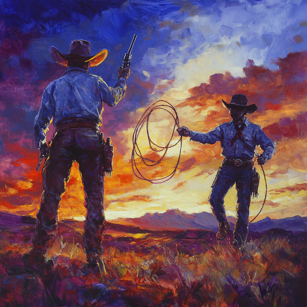 Two cowboys pose with weapons and rope at sunset.