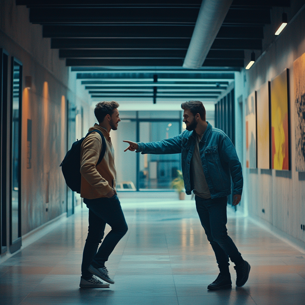 Two coworkers pass in cool workplace, showing arm.