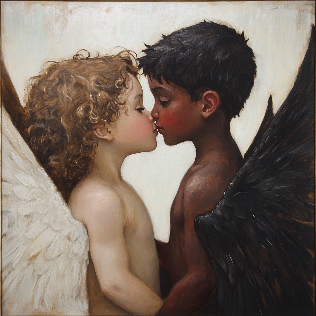 Two cupids kissing with contrasting auras, inspired by Bouguereau.