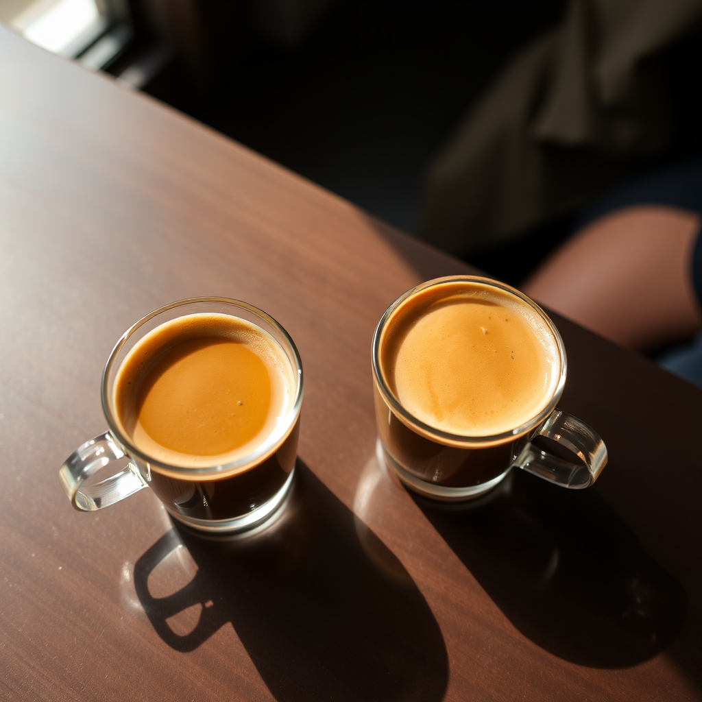 Two cups of espresso coffee on table.