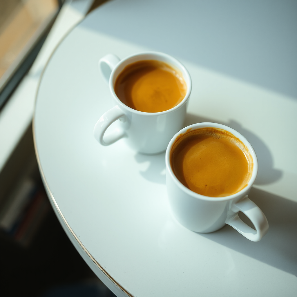 Two cups of espresso coffee on table.