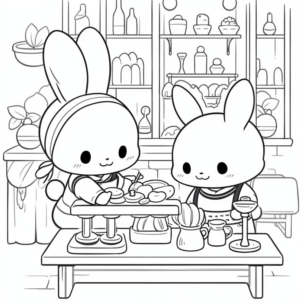 Two cute bunnies in a magical coffee shop.