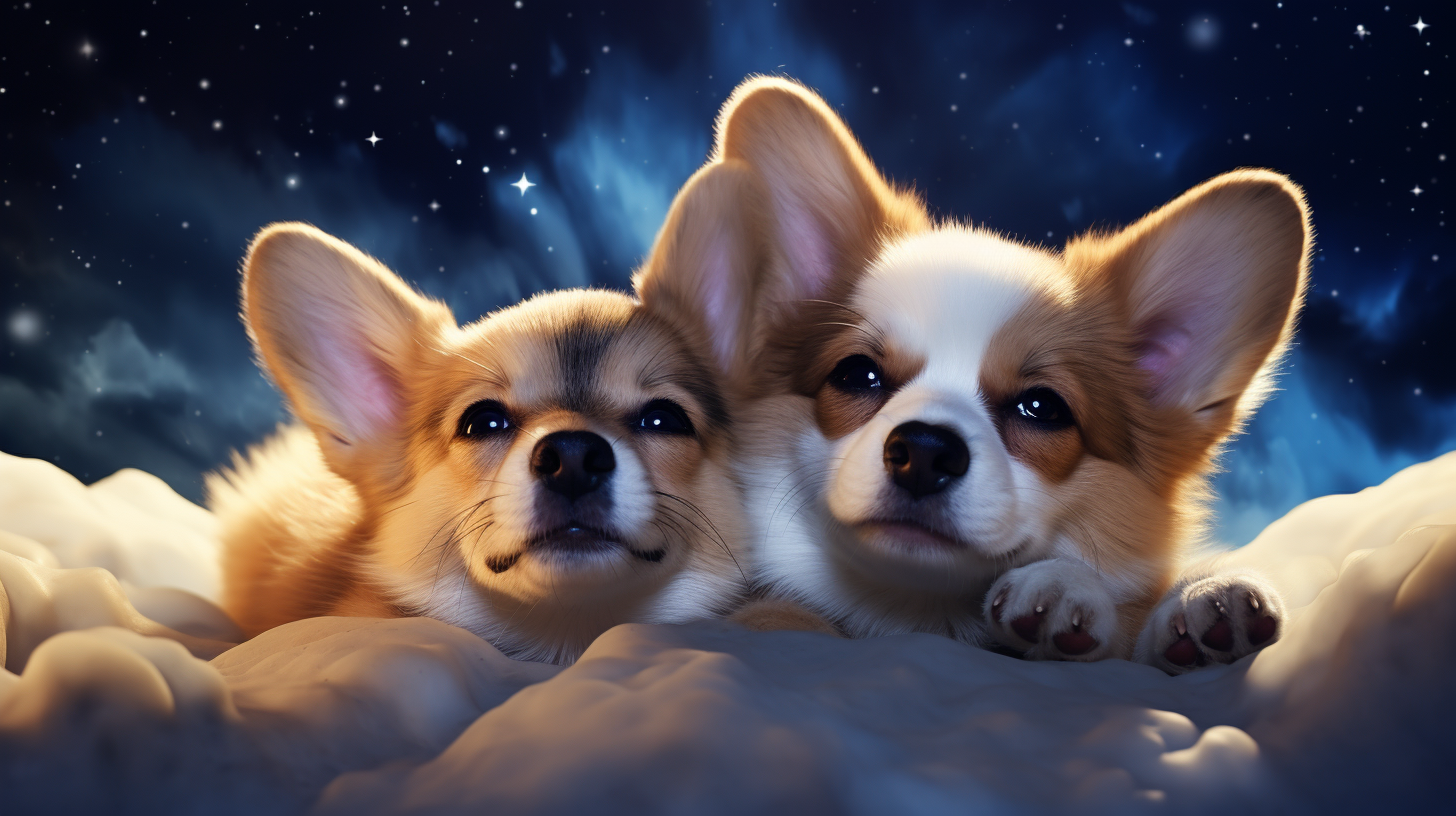 Two cute corgi puppies snuggle in dreamy clouds