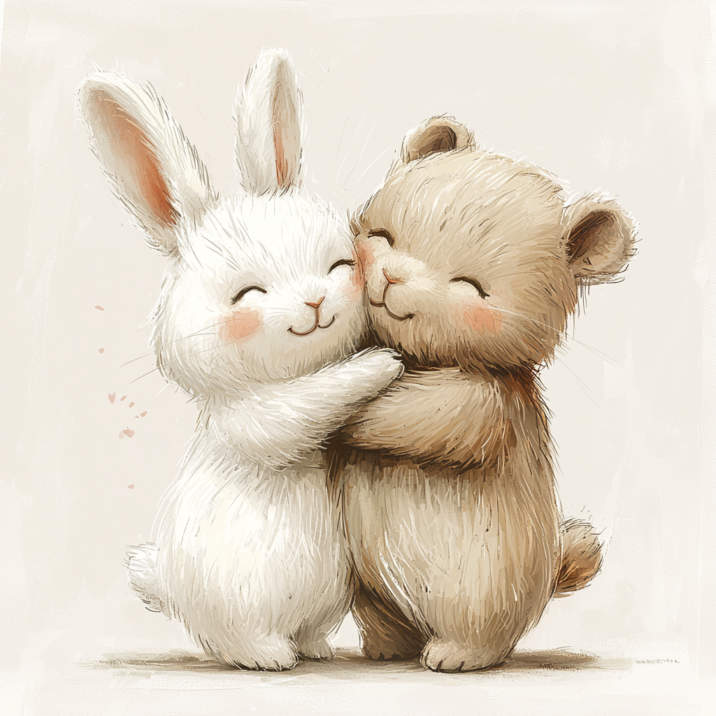 Two cute friends hugging each other, white rabbit, bear.