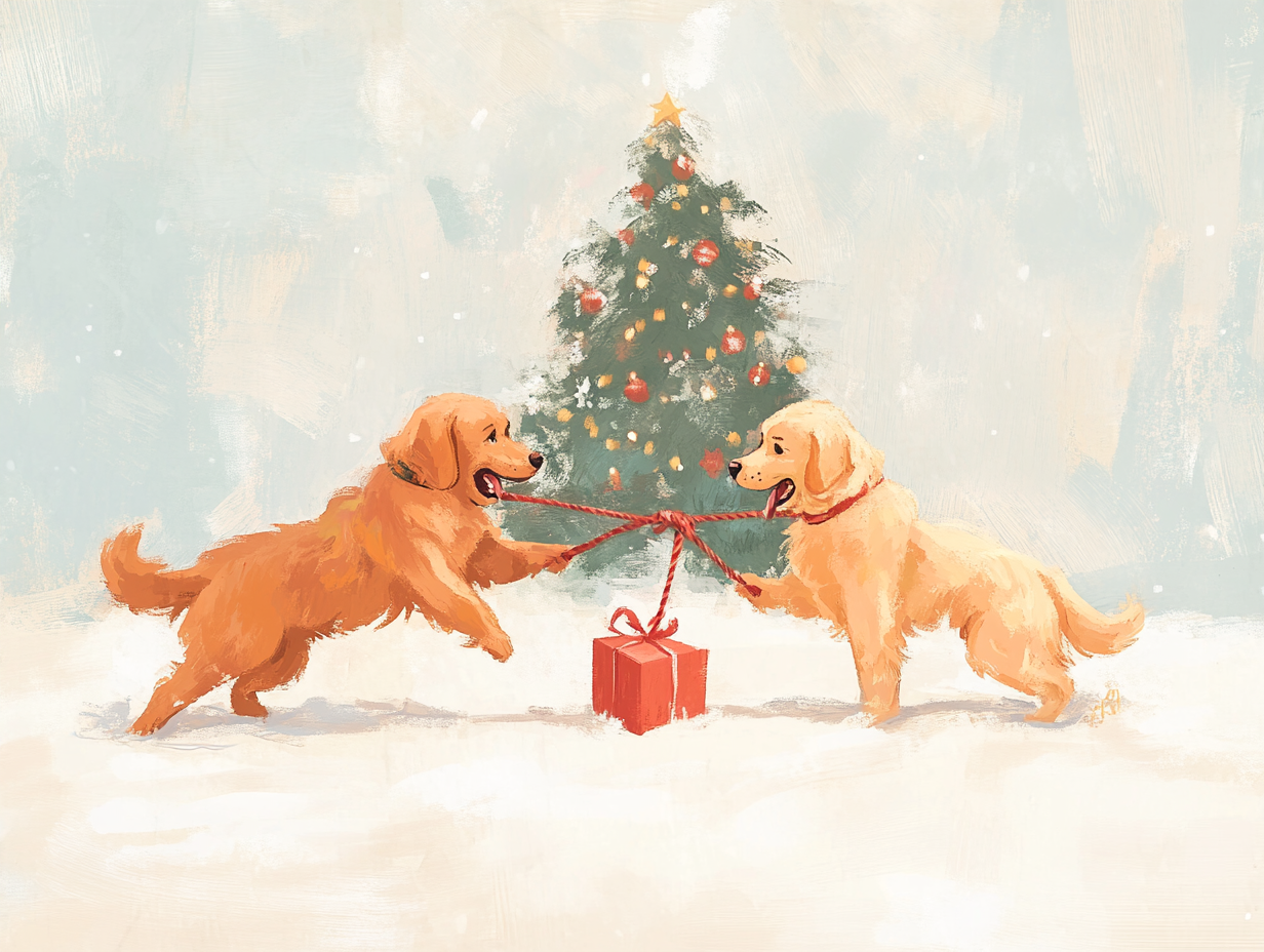 Two dogs play tug of war with gift.