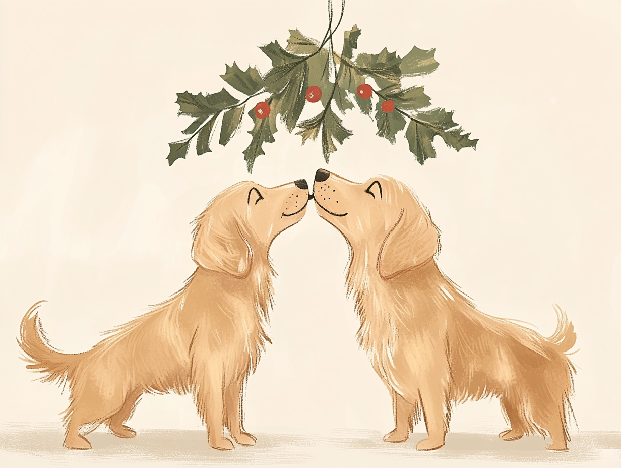 Two dogs standing nose to nose under mistletoe.