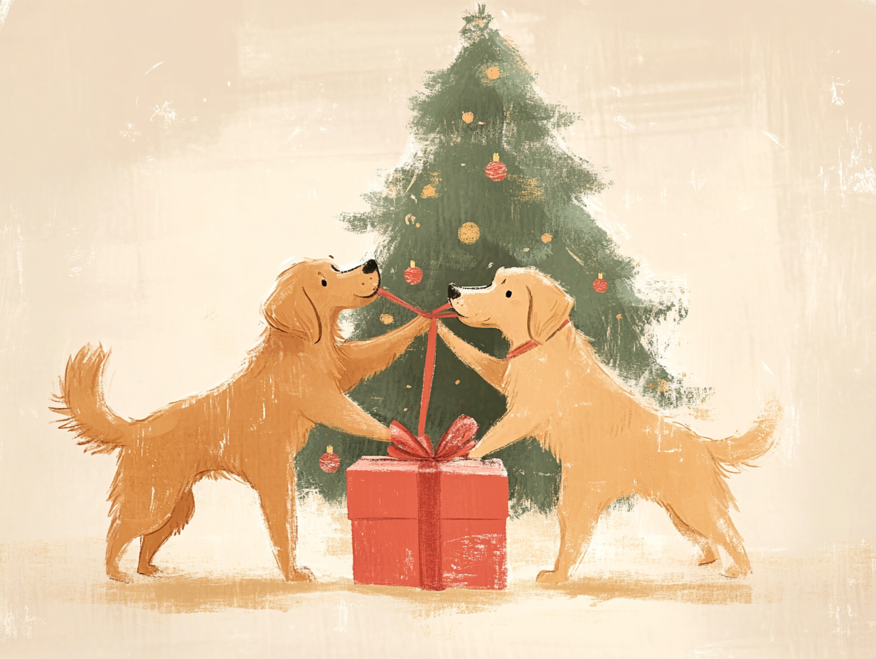 Two dogs tug on Christmas present in front of tree.