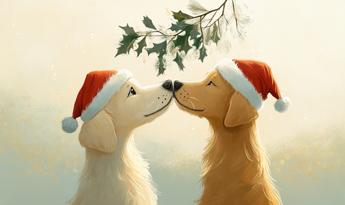 Two dogs with Santa hats sniffing under mistletoe.