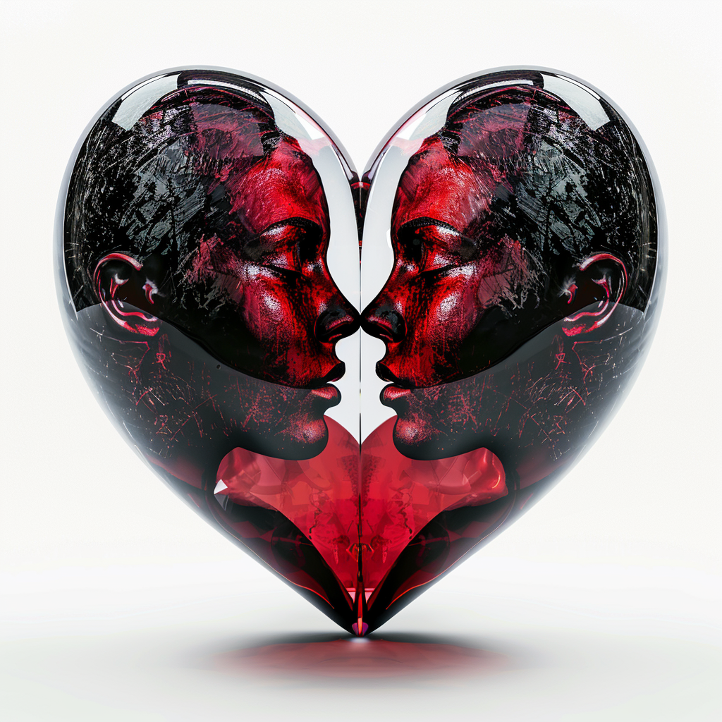 Two-faced heart embraces in avant-garde style.