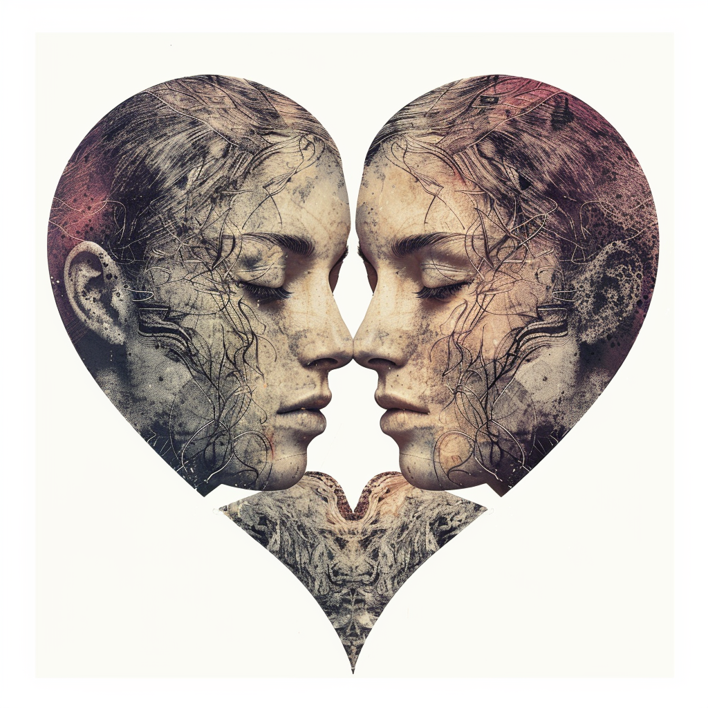 Two faces hugging in heart frame on white.