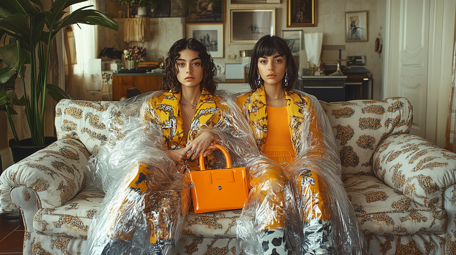 Two fashion models sitting on sofa wrapped in plastic.