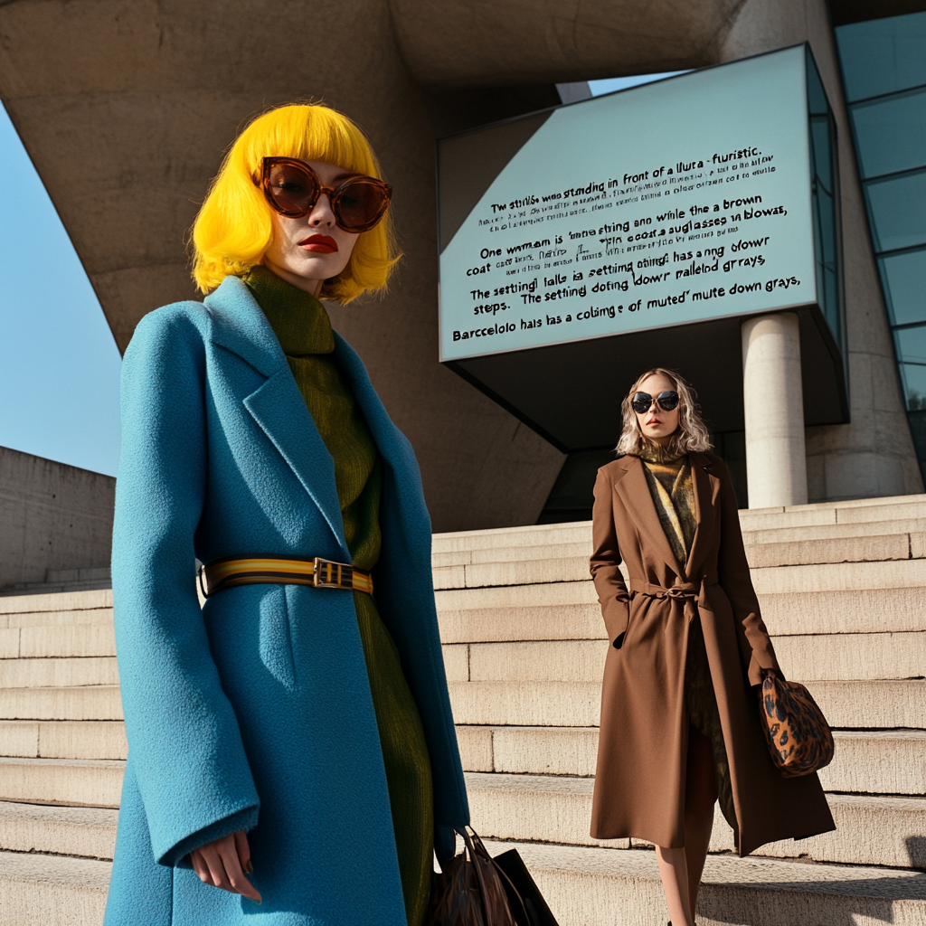 Two fashionable women at Barcelona Pavilion in stylish outfits.