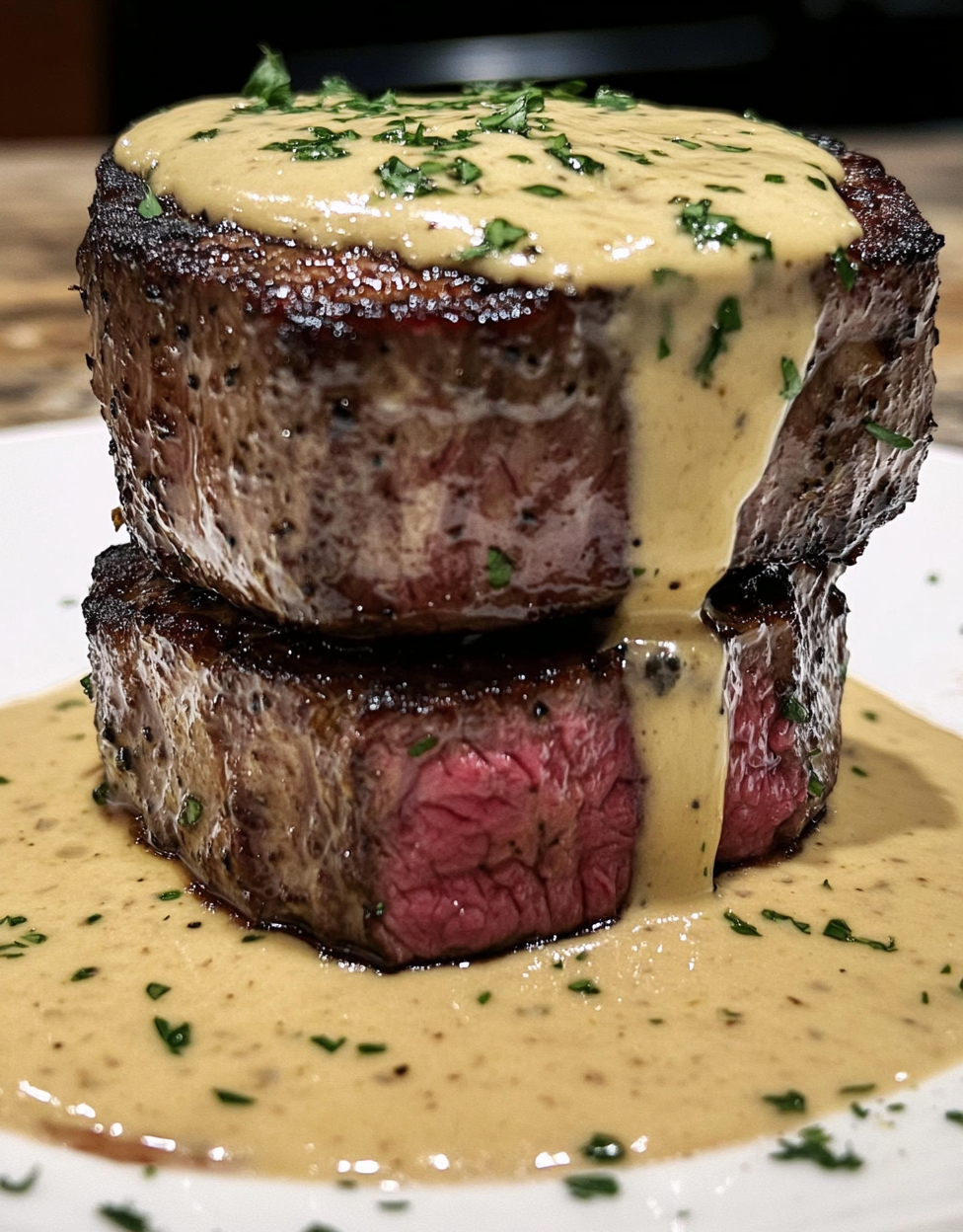 Two filet mignon steaks with creamy sauce.