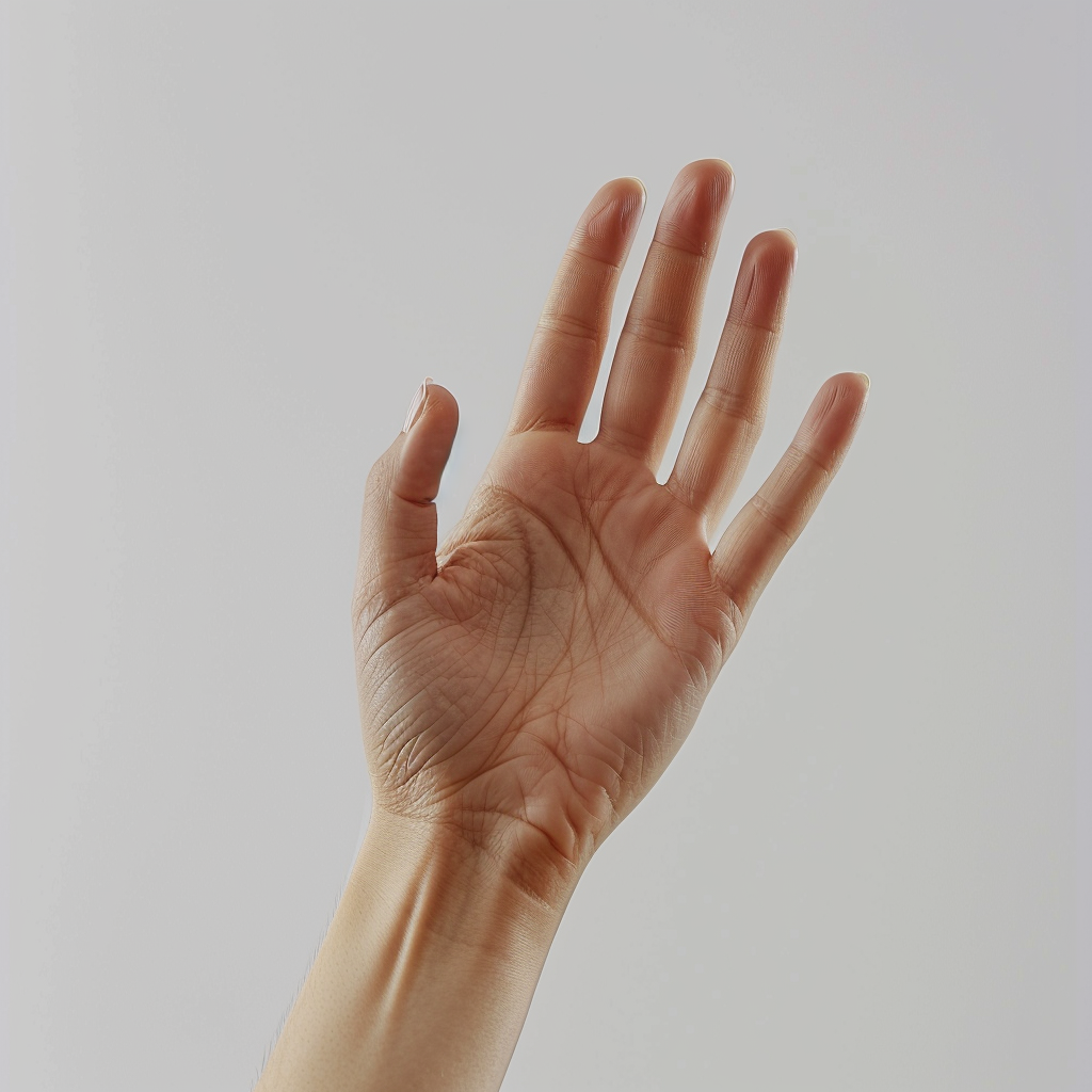 Two fingers raised on hand, white background, detailed skin.