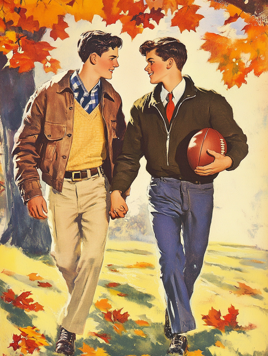 Two football boys in love on vintage book cover.