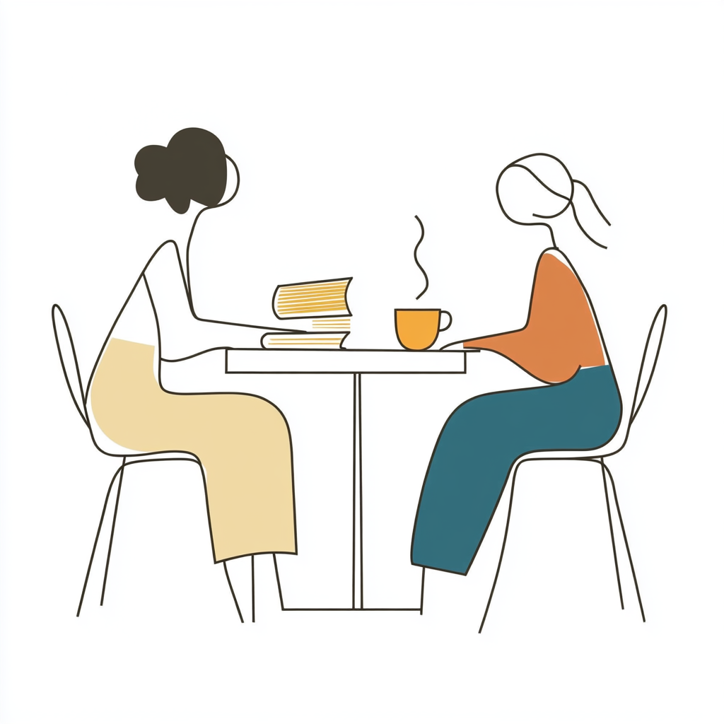 Two friends at a table with books and coffee