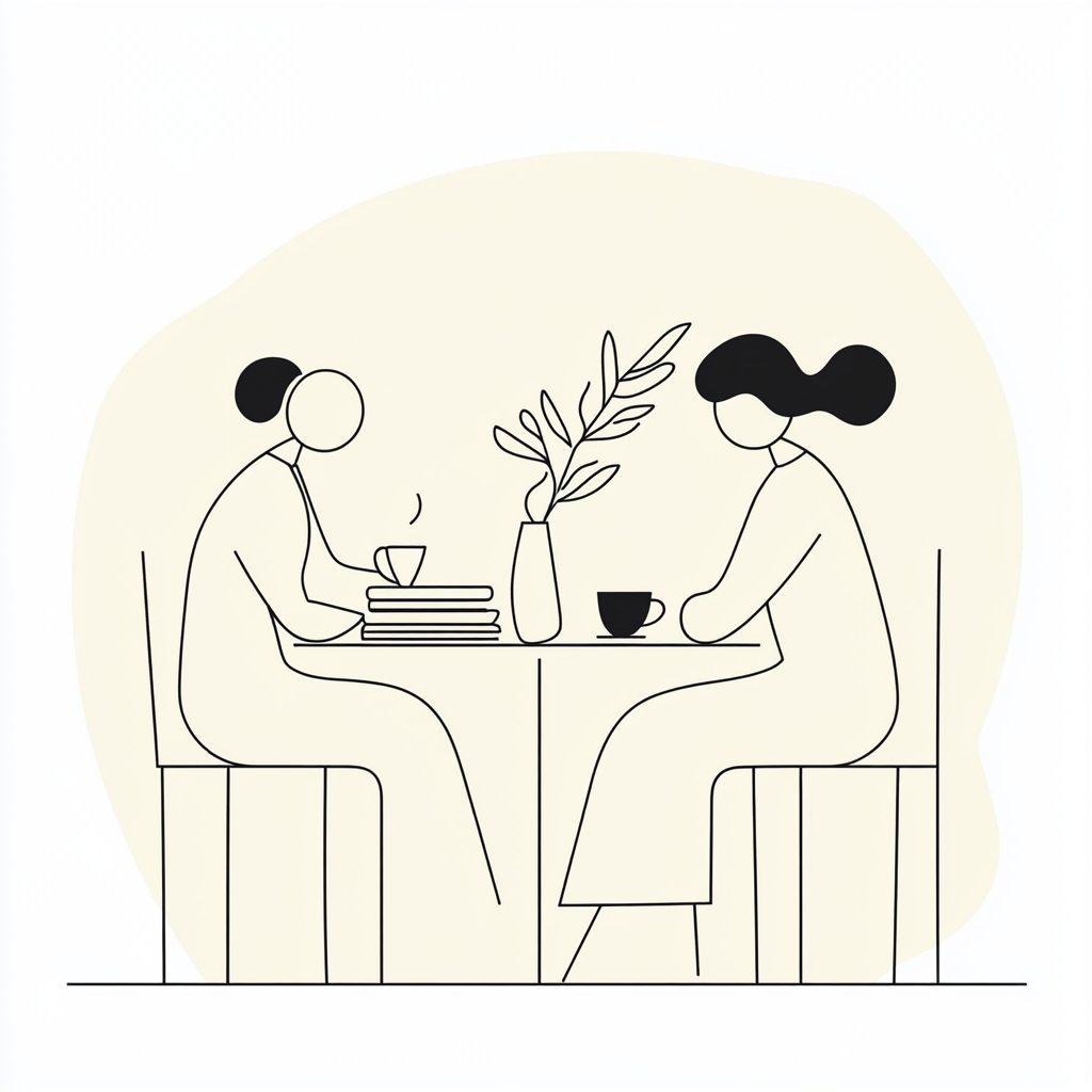 Minimalist Line Illustration of Two friends at table with books and coffee