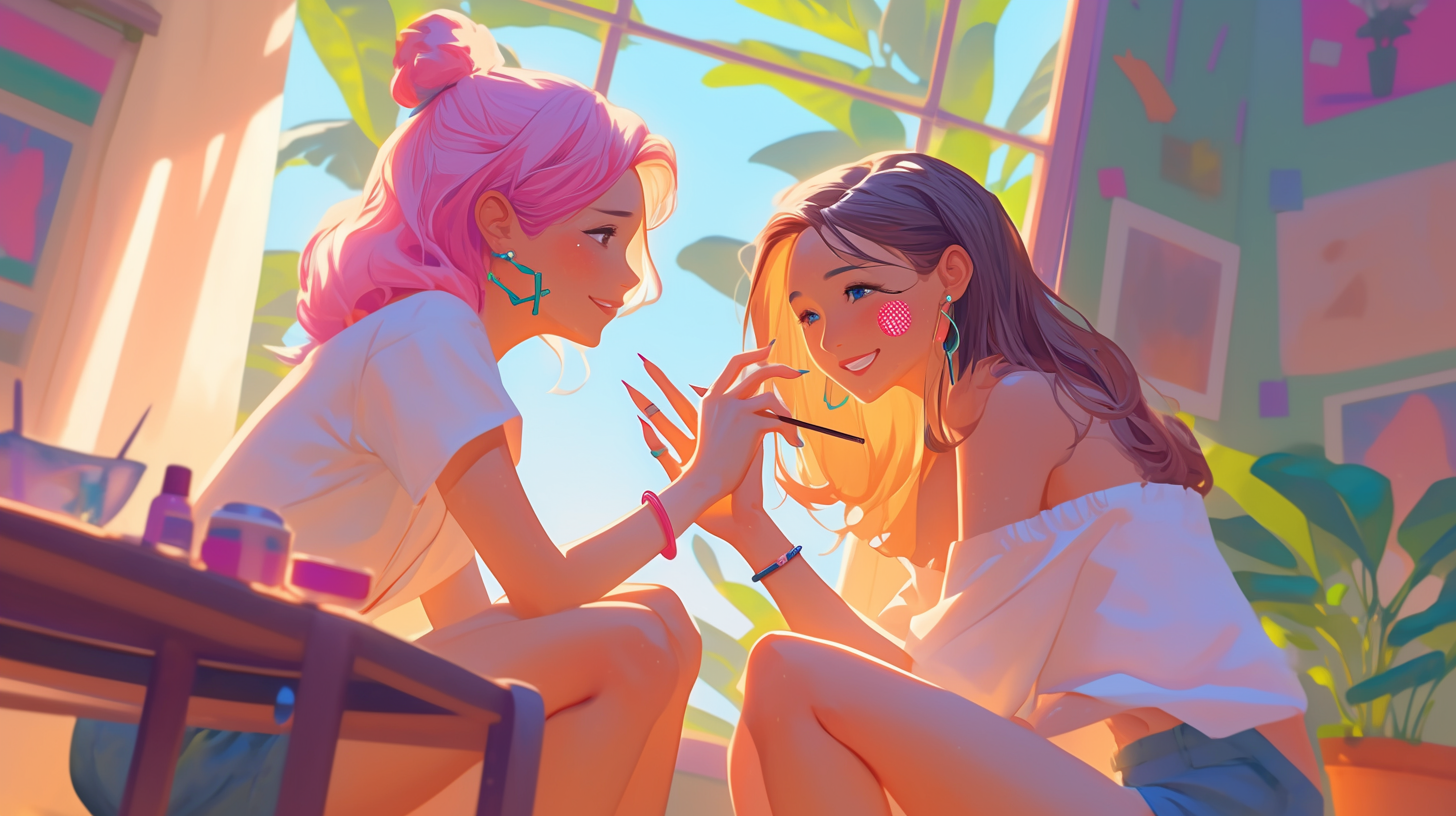 Two friends laughing while painting colorful nails. Pink hair.