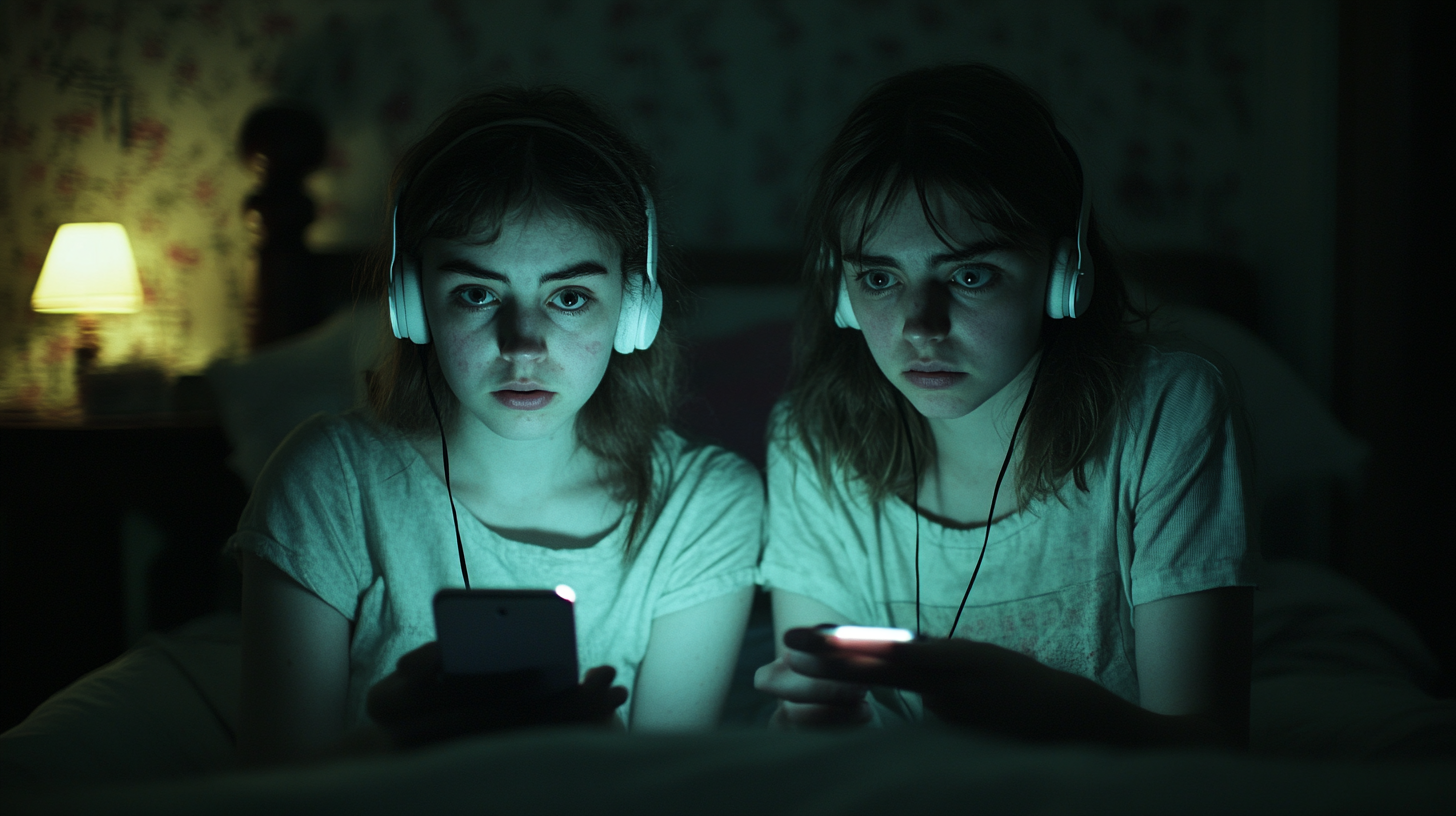 Two friends listening to scary podcast in shadowed room