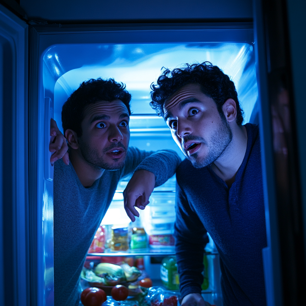 Two friends opening fridge suspiciously, eyeing each other.