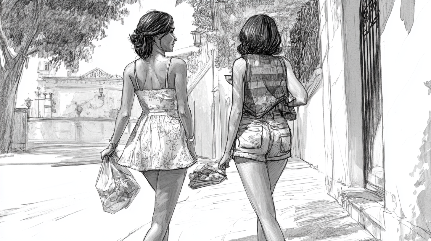 Two friends walking on sidewalk with food bags