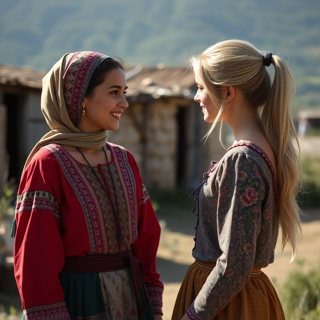 Two girls from different countries meet happily.