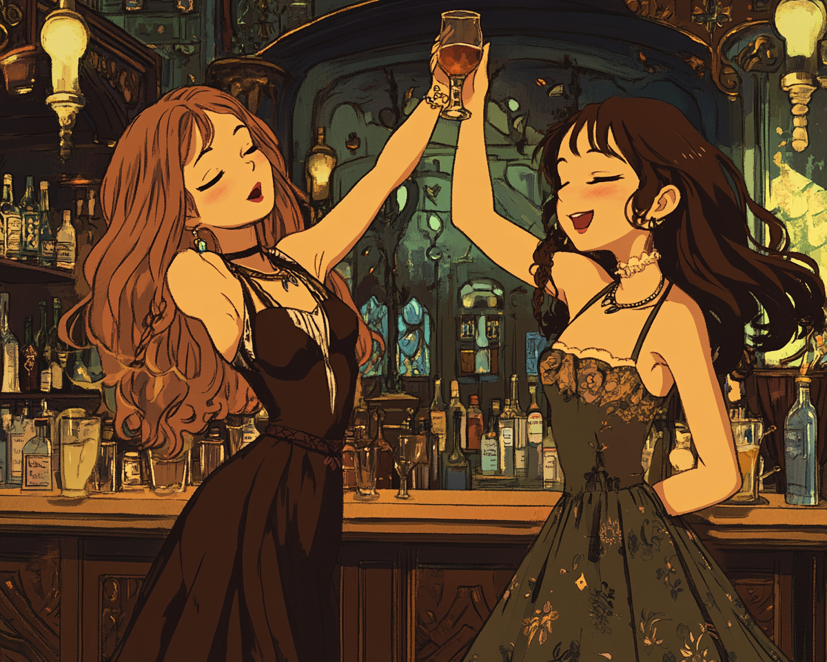 Two girls in a medieval-style bar painting.