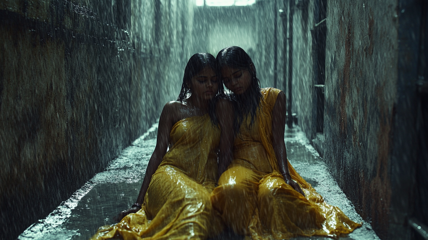 Two girls in a rainy prison lane.