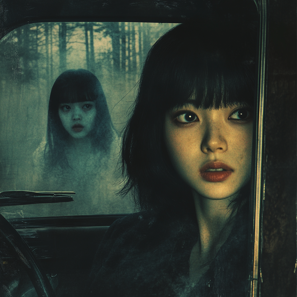 Two girls in car with ghostly figure, spooky forest.