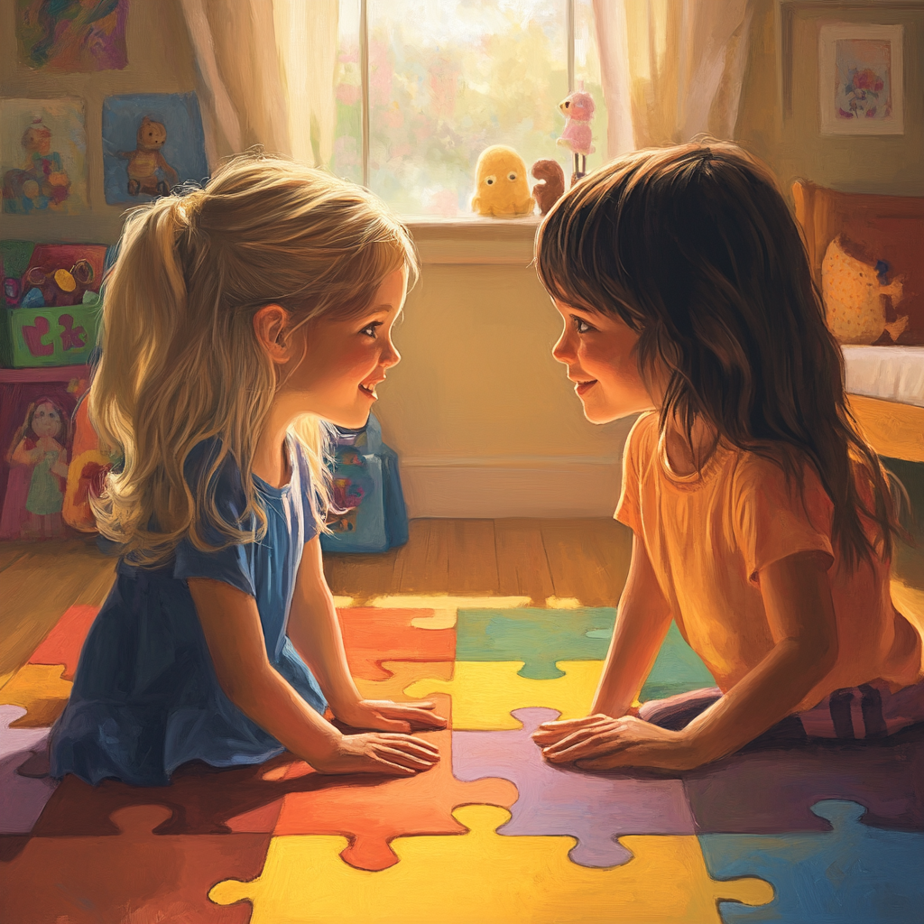 Two girls in colorful room symbolizing autism awareness.