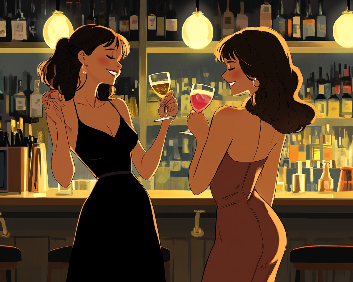 Two girls in evening outfits at bar.