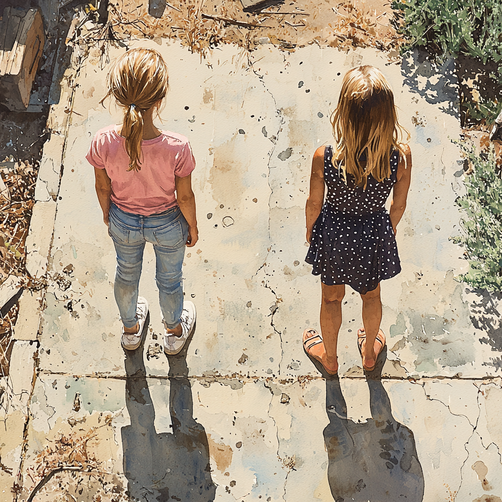 Two girls in pink and polka dots outside.