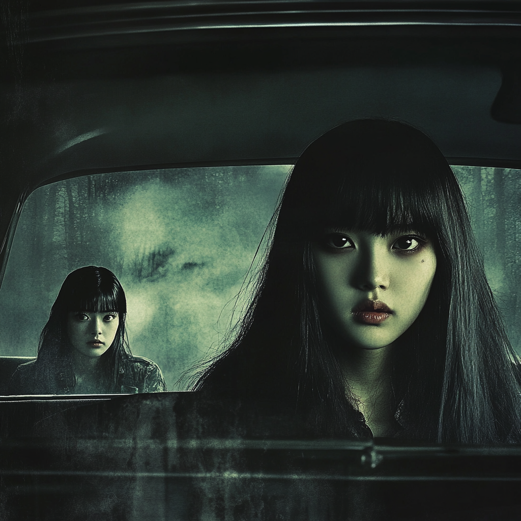 Two girls in spooky forest inside an old car