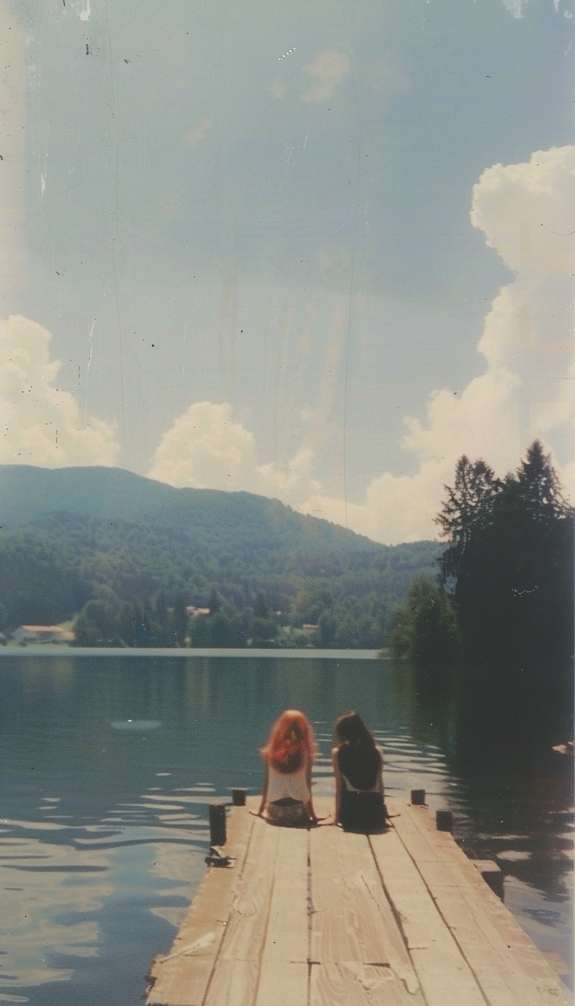 Two girls on dock in calm lake scenery.