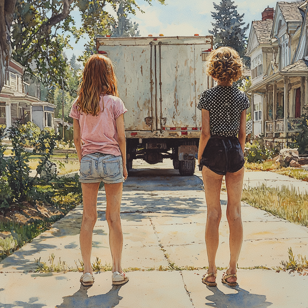 Two girls outside as truck drives away.