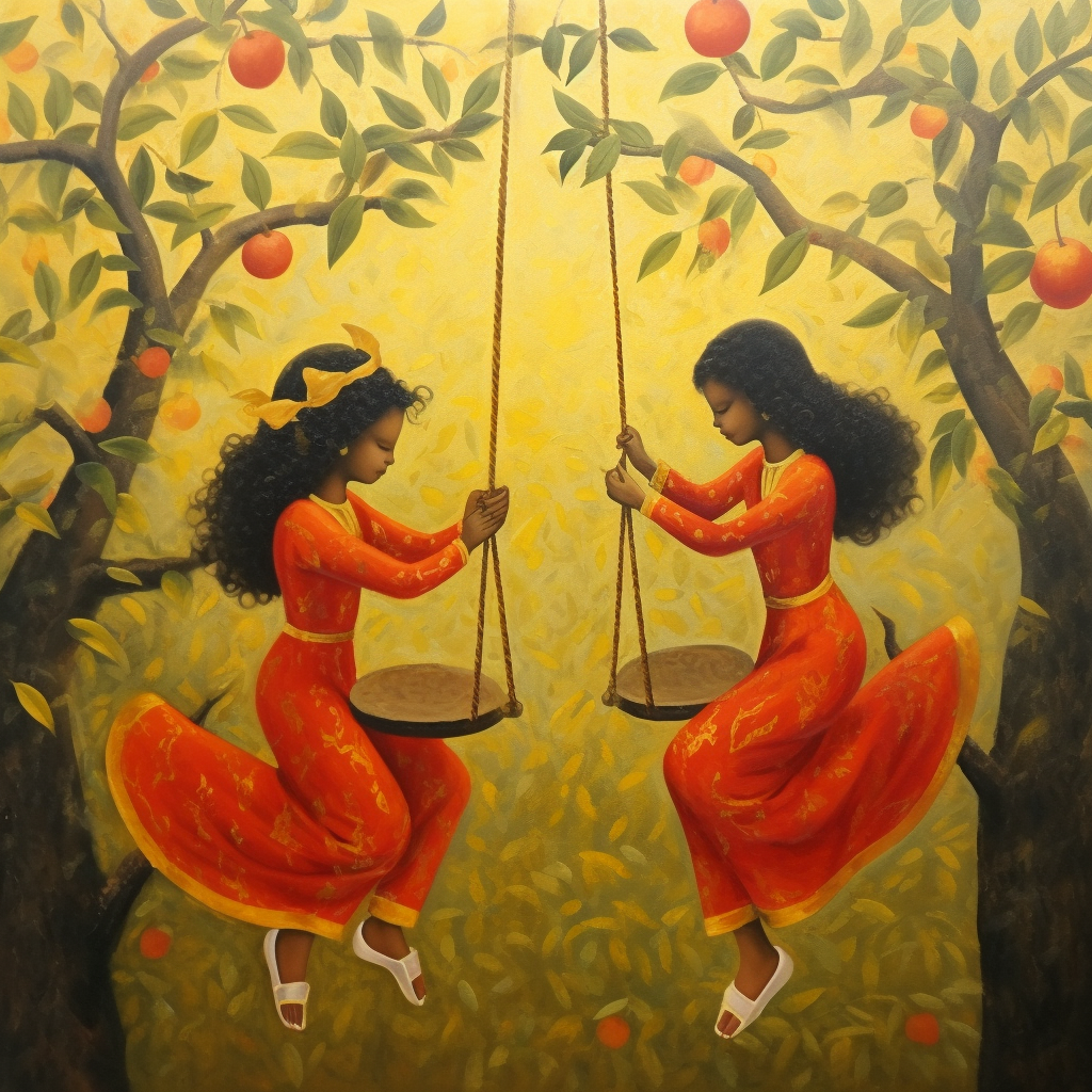 Two girls swing from mango tree painting