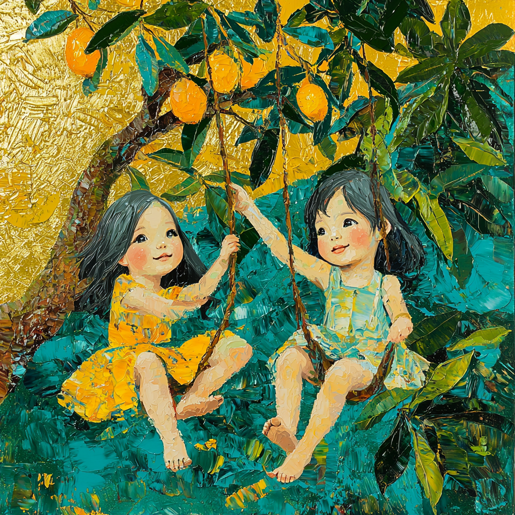 Two girls swinging happily under mango tree