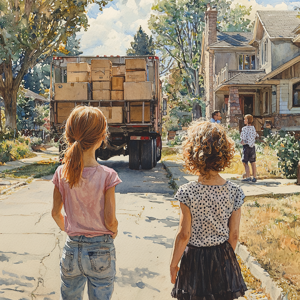 Two girls watch men load truck in neighborhood.