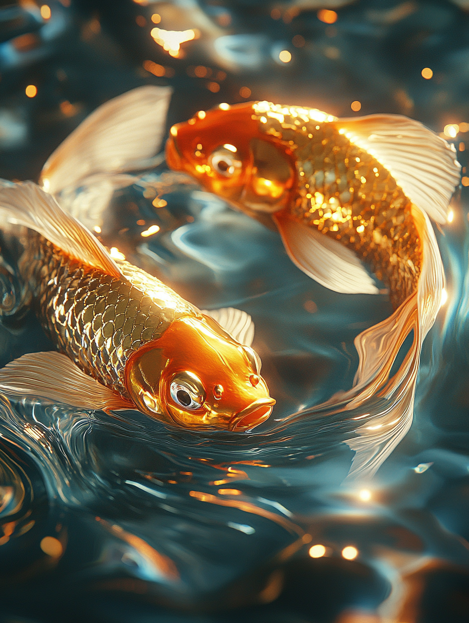 Two golden fish on sparkling water, sunlight reflections.