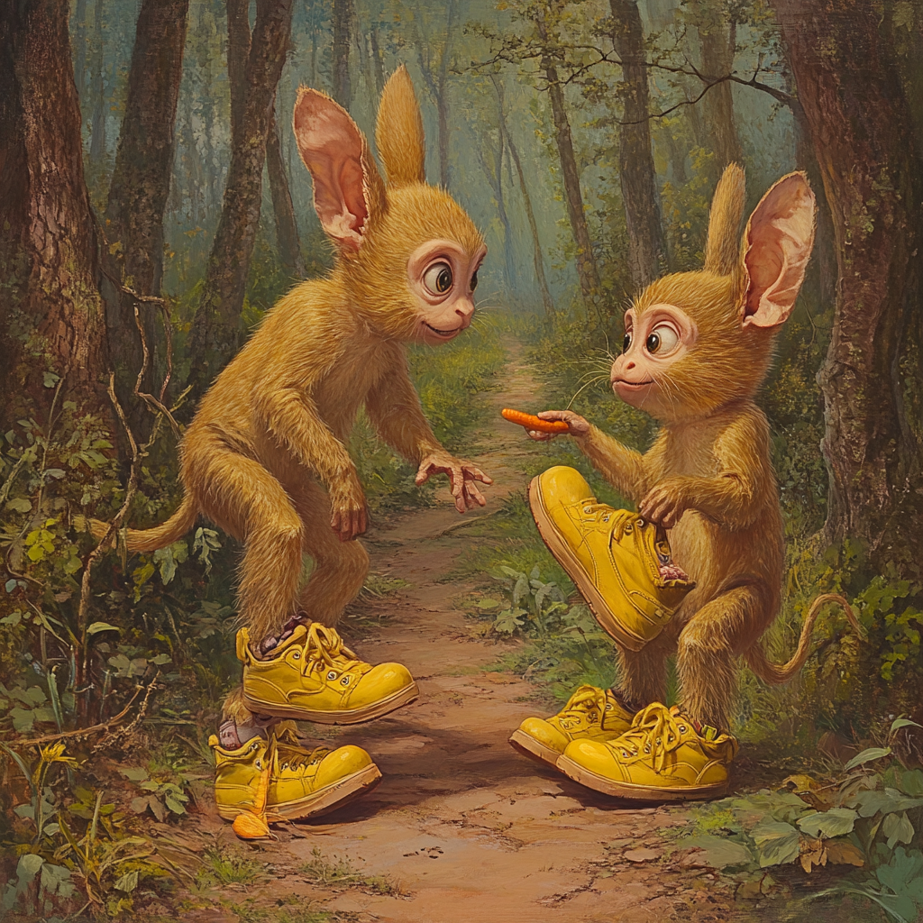 Two golden monkeys trick Bunny with yellow shoes.