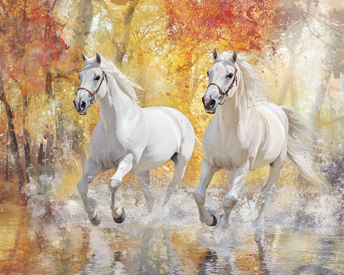 Two graceful white horses dancing in watercolor art