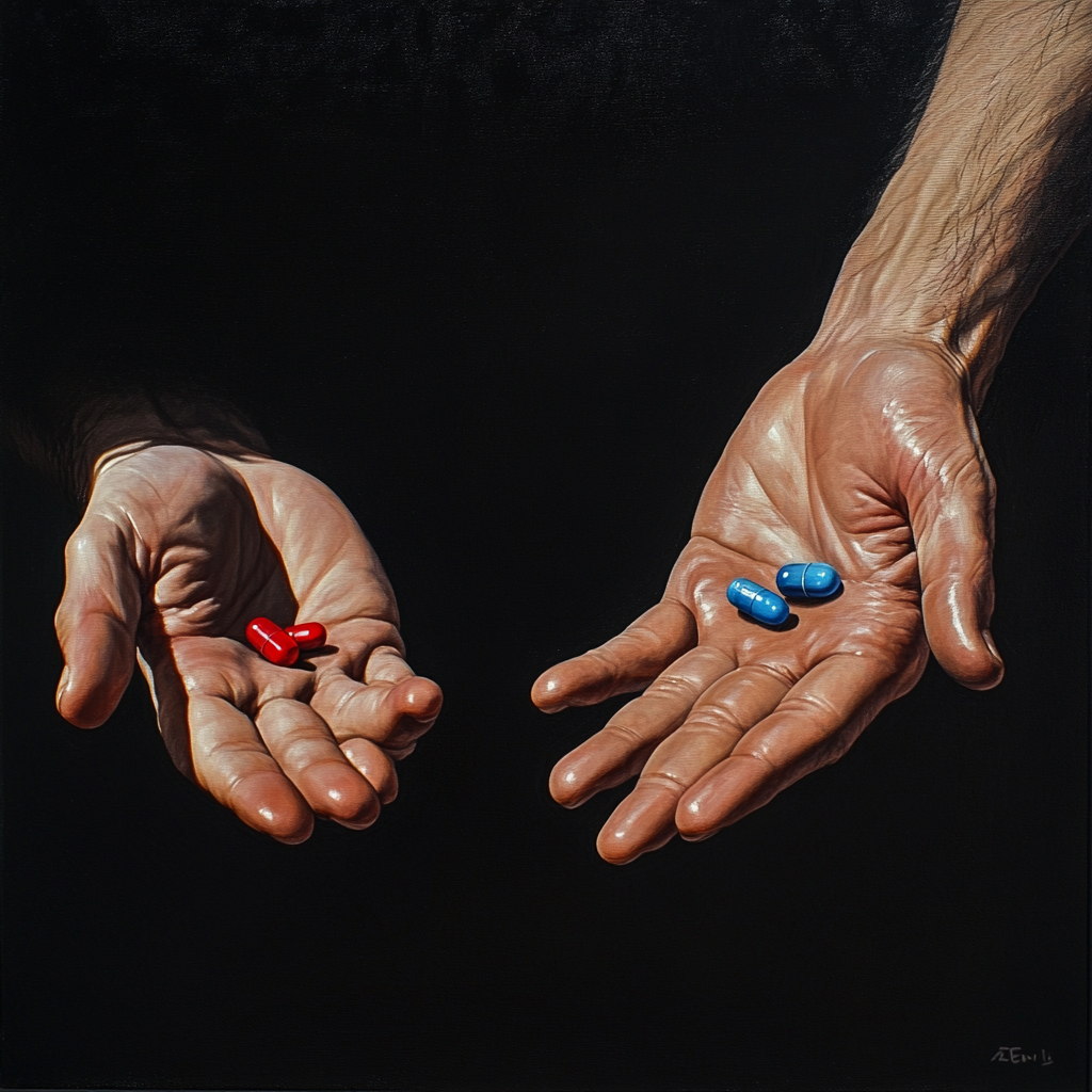 Two hands hold red and blue pills