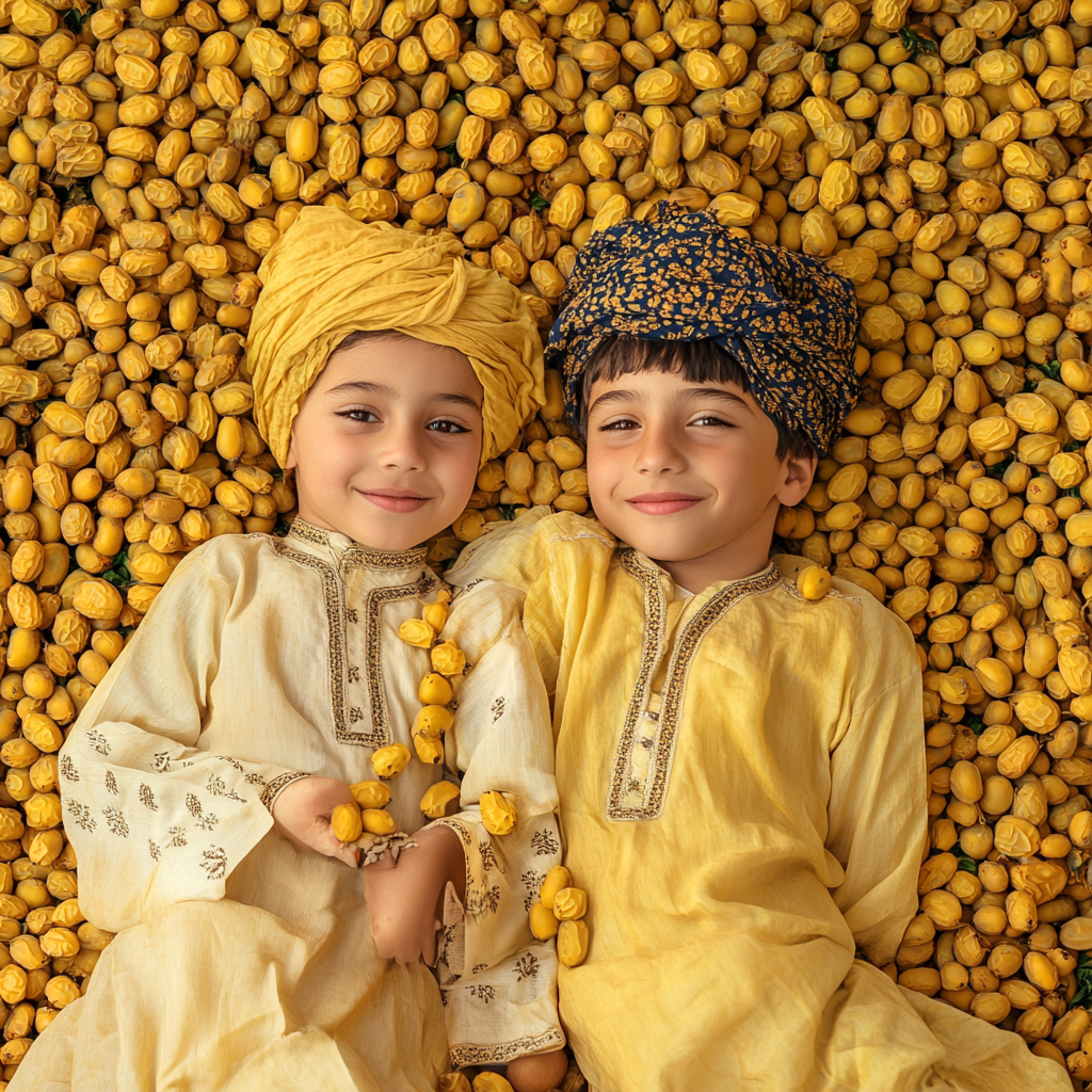 Two happy Omani children in yellow date grove