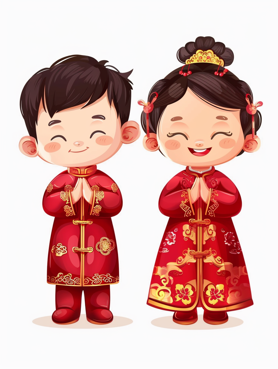 Two happy children in Chinese clothes, smiling warmly.