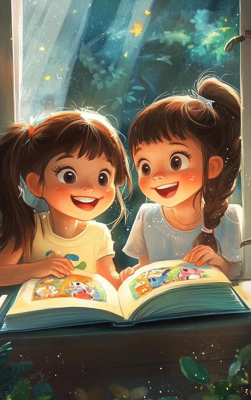 Two happy girls reading colorful book outdoors happily